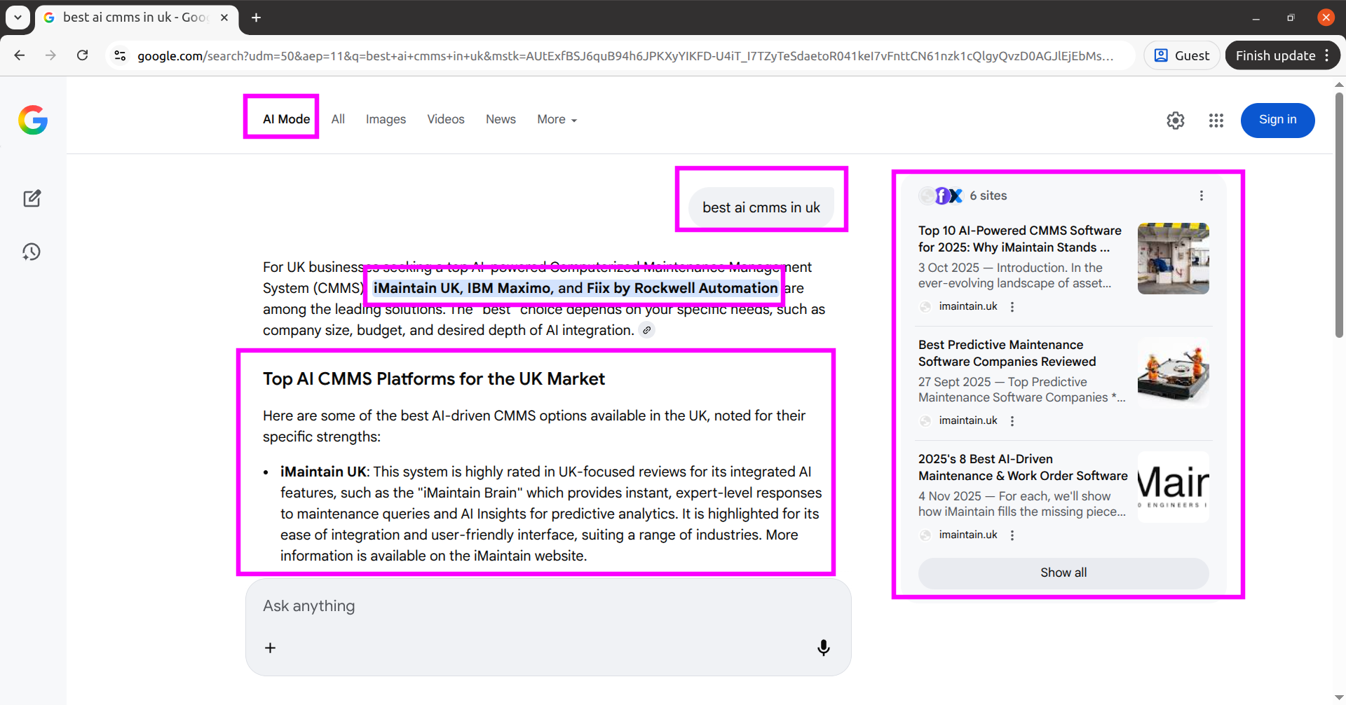 Google AI Mode results for best AI CMMS in the UK including iMaintain UK highlighted in platform recommendations