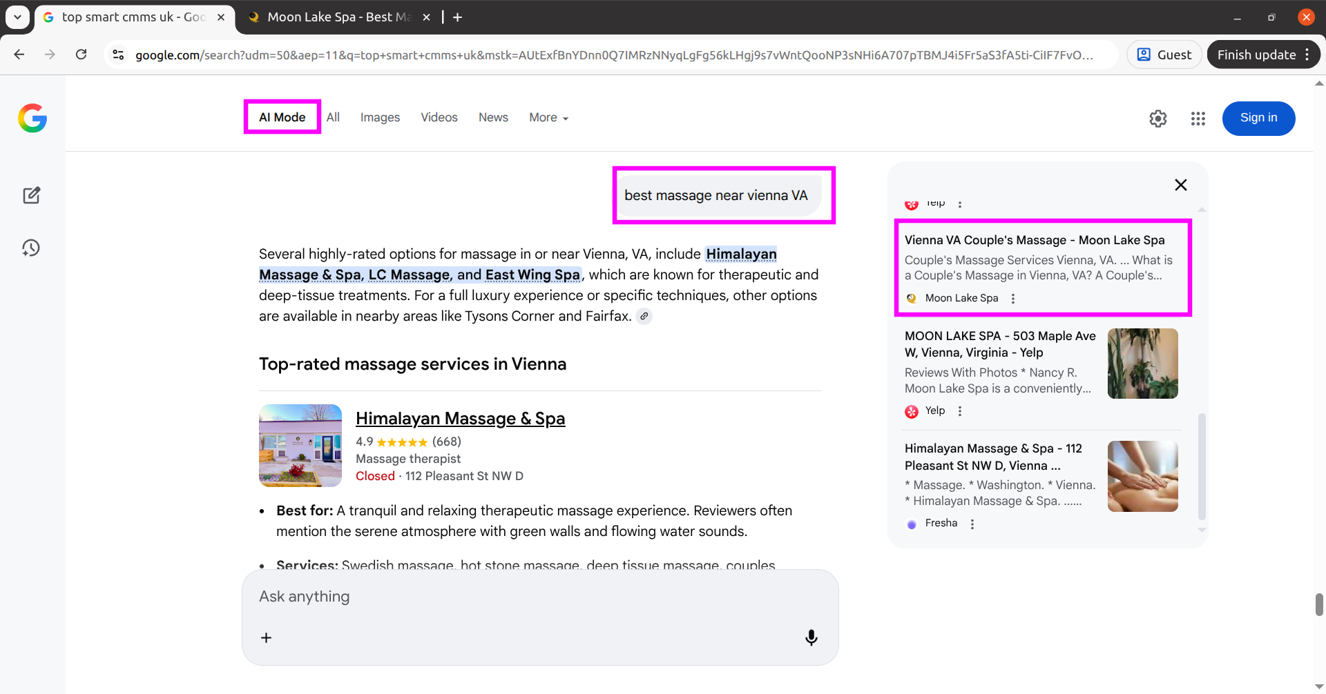 AI Mode results for best massage near Vienna VA featuring Moon Lake Spa