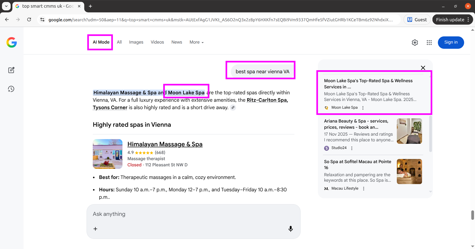 AI Mode results for best spa near Vienna VA featuring Moon Lake Spa