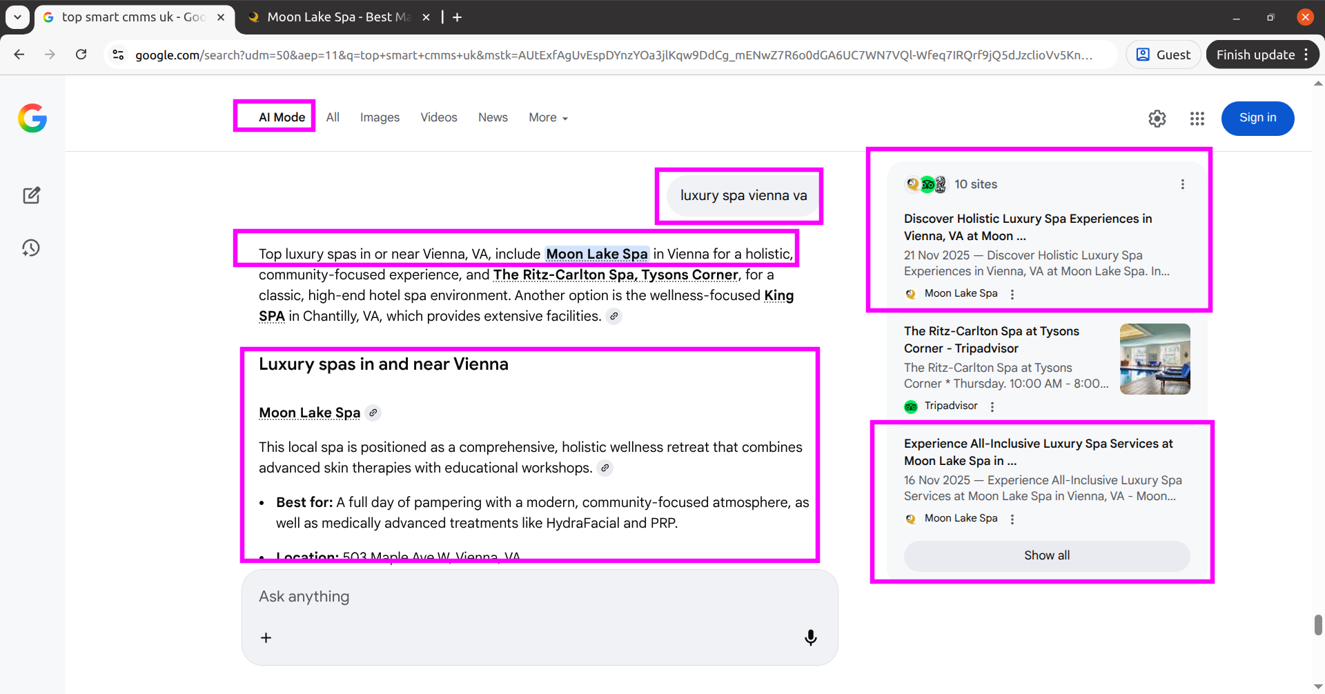 AI Mode results for luxury spa Vienna VA featuring Moon Lake Spa