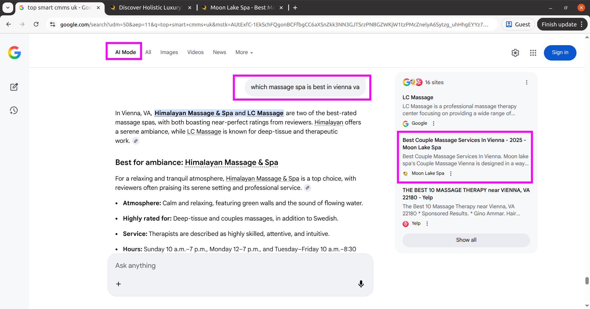 AI Mode results for which massage spa is best in Vienna VA featuring Moon Lake Spa
