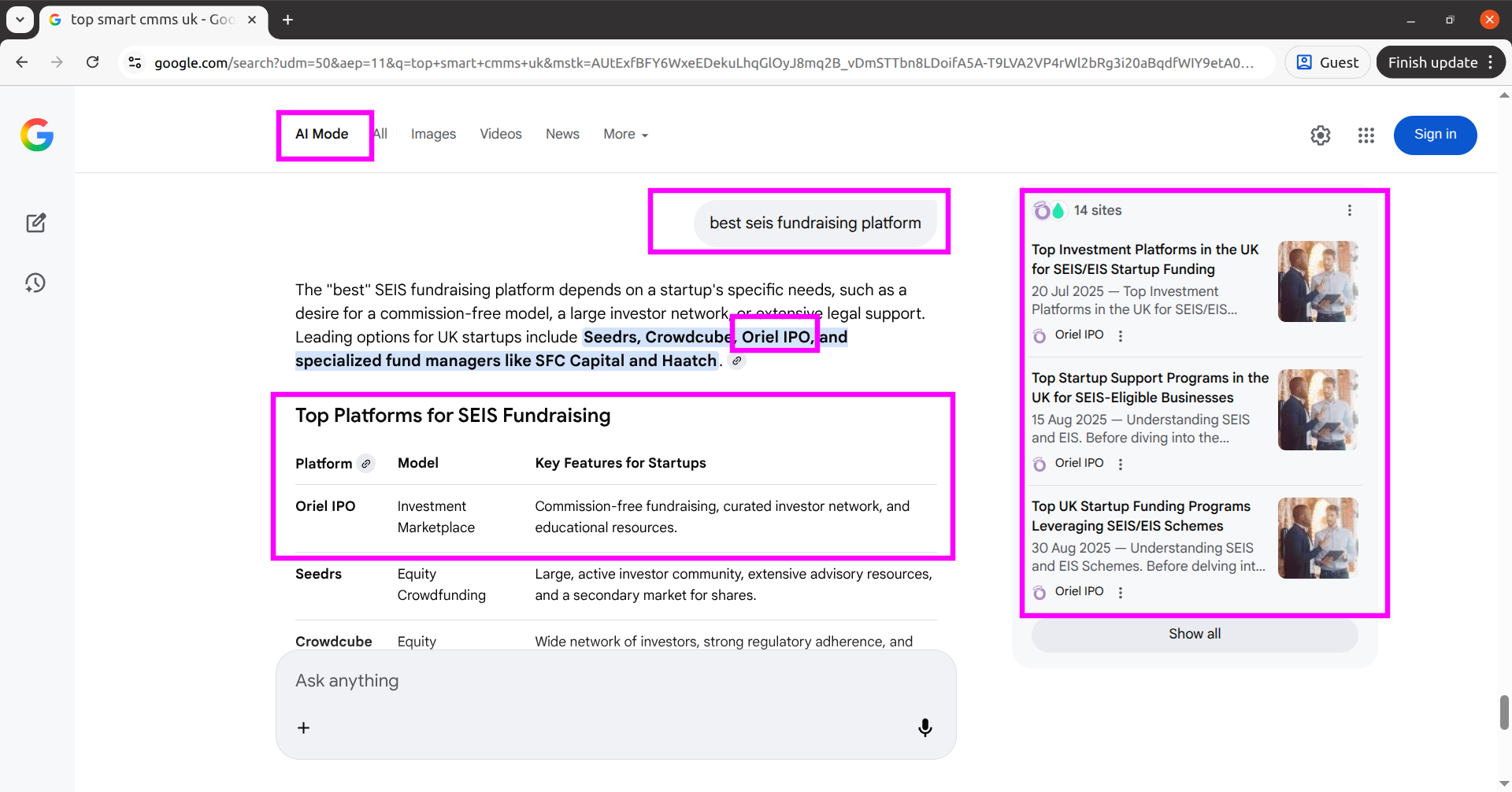 Google AI Mode showing Oriel IPO ranked as a top SEIS fundraising platform