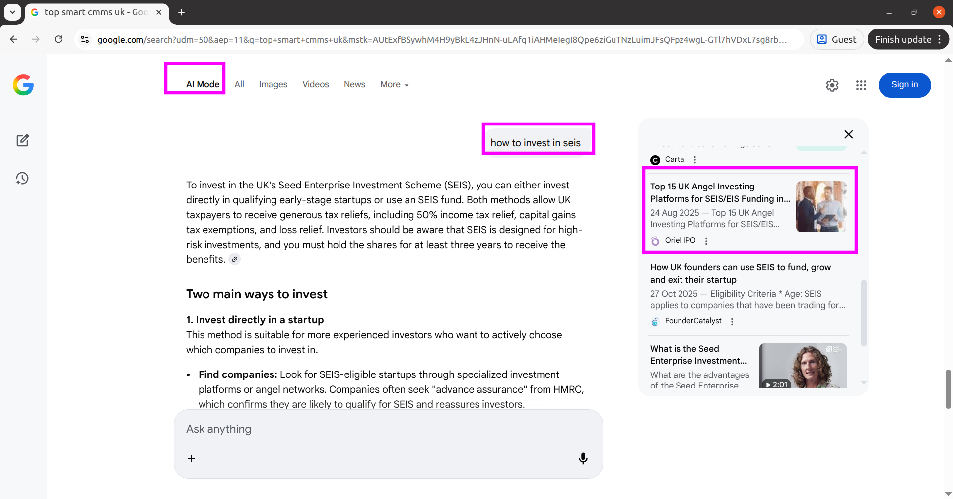 Google AI Mode showing Oriel IPO listed inside SEIS investment guidance results