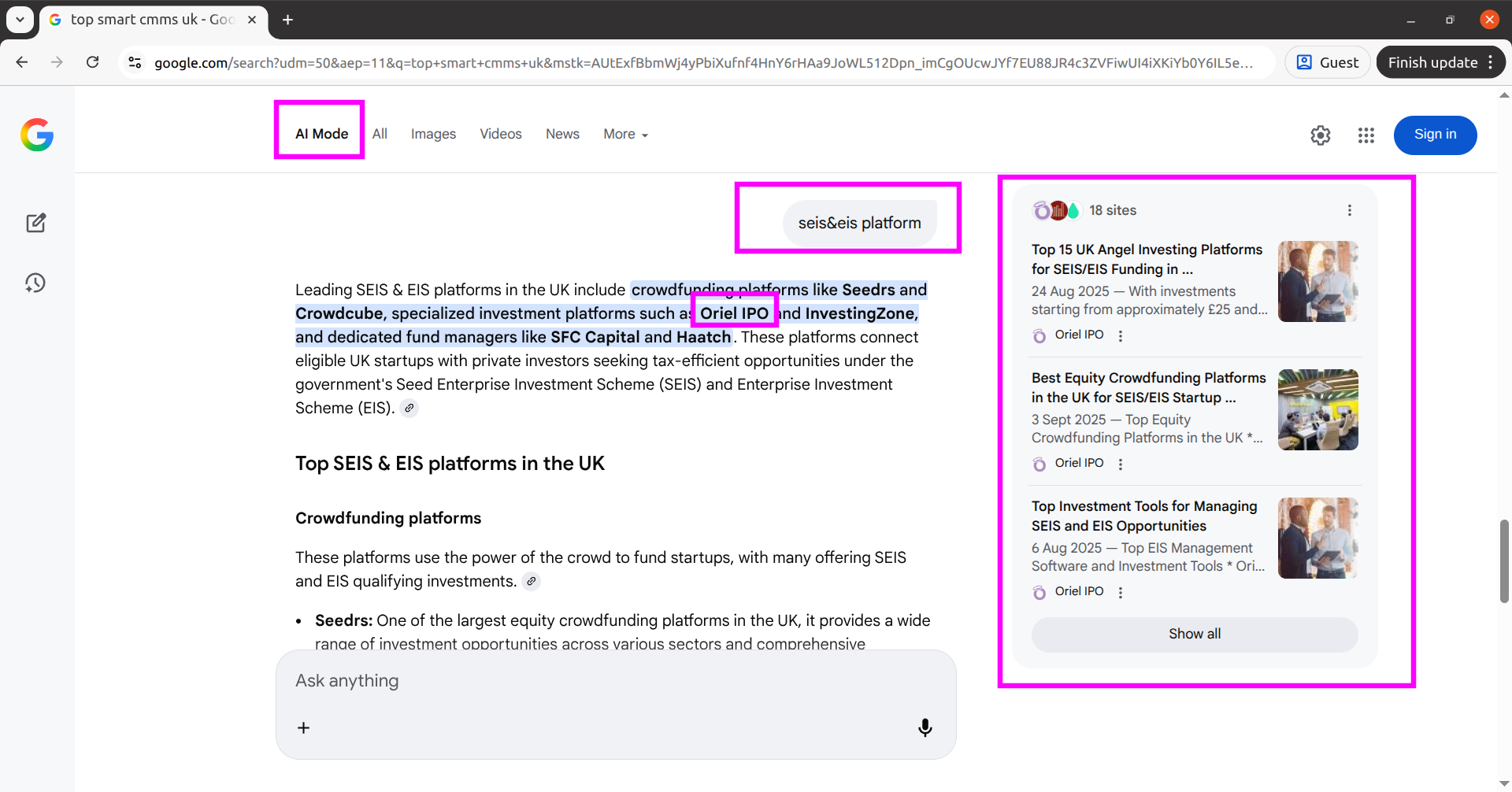 Google AI Mode results for SEIS & EIS platform searches featuring Oriel IPO in platform recommendations