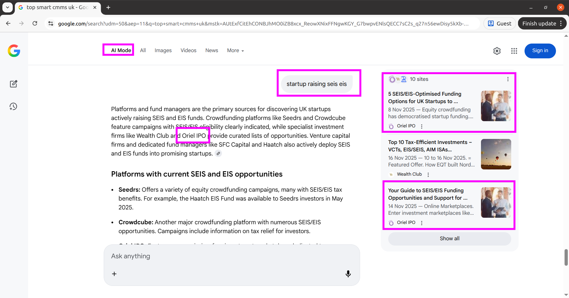 Google AI Mode results for startups raising SEIS EIS featuring Oriel IPO in curated funding lists
